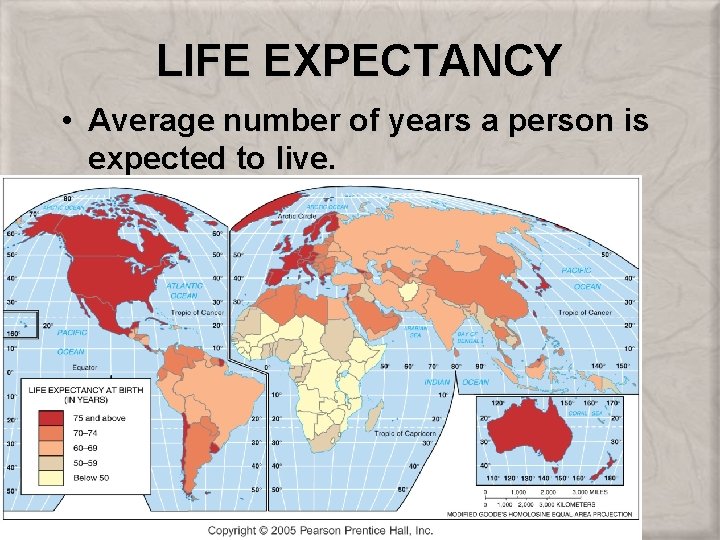 LIFE EXPECTANCY • Average number of years a person is expected to live. 