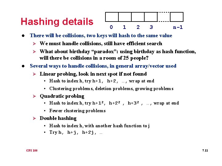 Hashing details l l 0 1 2 3 n-1 There will be collisions, two