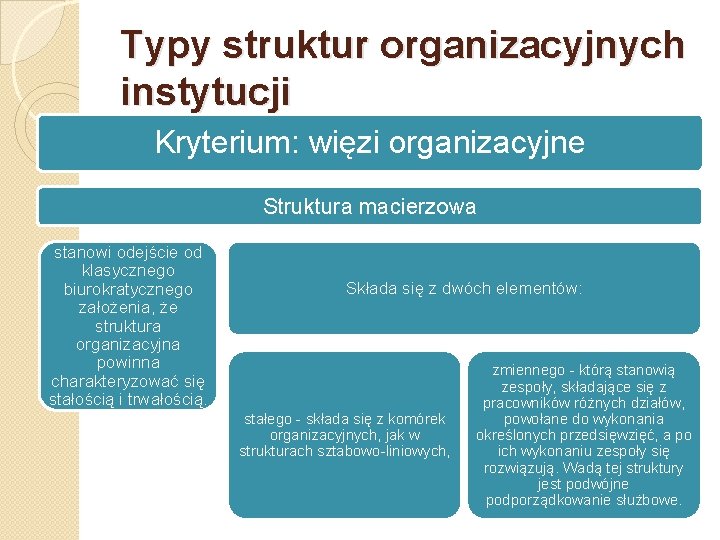 Typy struktur organizacyjnych instytucji Kryterium: więzi organizacyjne Struktura macierzowa stanowi odejście od klasycznego biurokratycznego