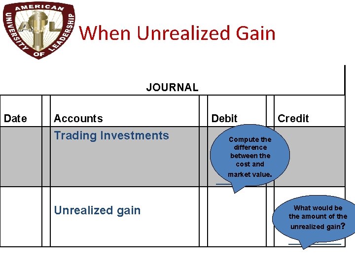 When Unrealized Gain JOURNAL Date Accounts Trading Investments Debit Credit Compute the difference between