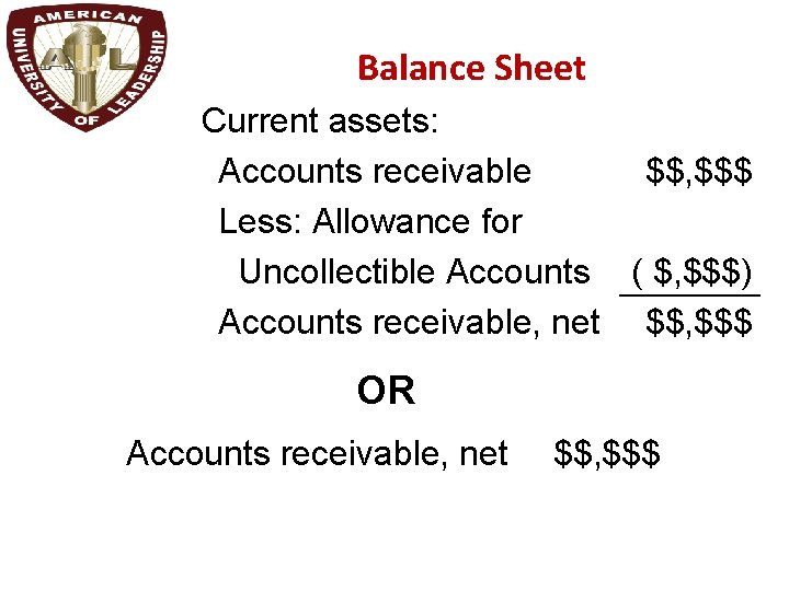 Balance Sheet Current assets: Accounts receivable $$, $$$ Less: Allowance for Uncollectible Accounts (