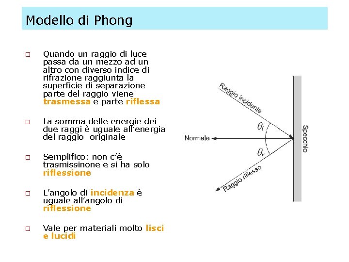 Modello di Phong o o o Quando un raggio di luce passa da un