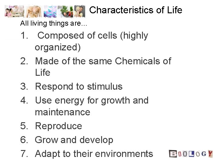 Characteristics of Life All living things are… 1. Composed of cells (highly organized) 2. Characteristics of Life All living things are… 1. Composed of cells (highly organized) 2.