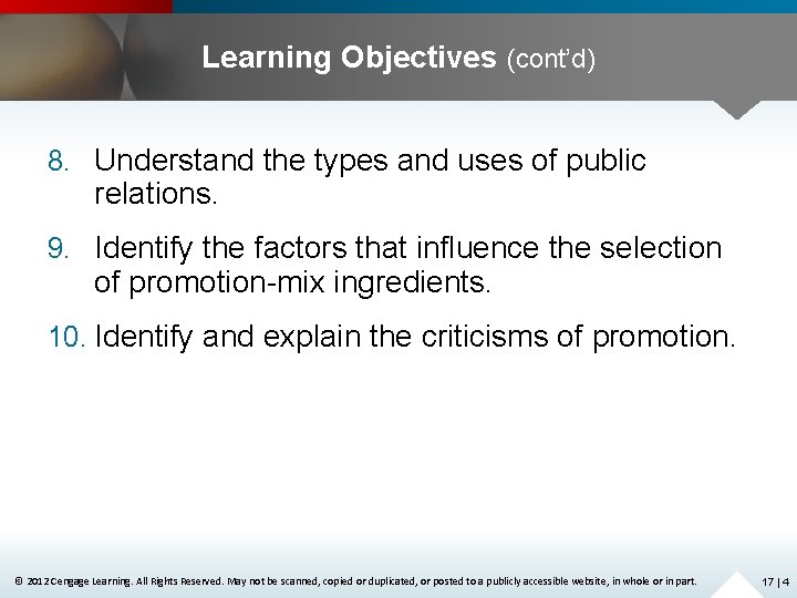 Learning Objectives (cont’d) 8. Understand the types and uses of public relations. 9. Identify