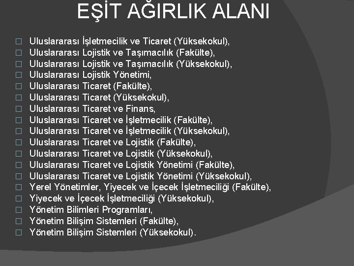 EŞİT AĞIRLIK ALANI � � � � � Uluslararası İşletmecilik ve Ticaret (Yüksekokul), Uluslararası