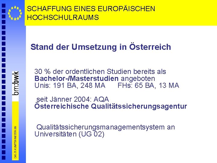 SCHAFFUNG EINES EUROPÄISCHEN HOCHSCHULRAUMS Stand der Umsetzung in Österreich 30 % der ordentlichen Studien