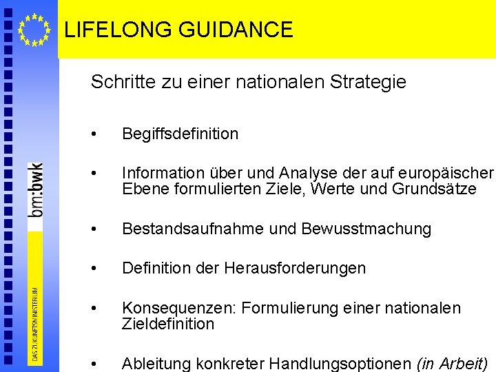 LIFELONG GUIDANCE Schritte zu einer nationalen Strategie • Begiffsdefinition • Information über und Analyse