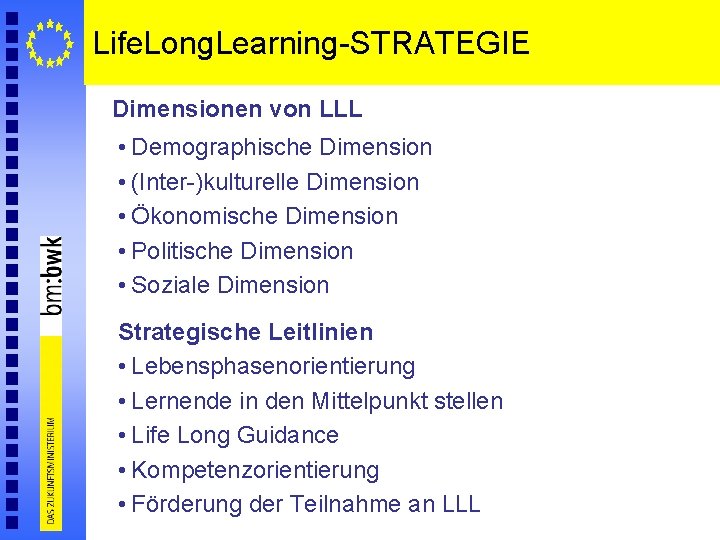 Life. Long. Learning-STRATEGIE Dimensionen von LLL • Demographische Dimension • (Inter-)kulturelle Dimension • Ökonomische