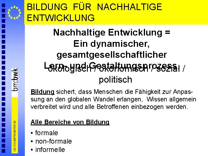 BILDUNG FÜR NACHHALTIGE ENTWICKLUNG Nachhaltige Entwicklung = Ein dynamischer, gesamtgesellschaftlicher Lernund Gestaltungsprozess ökologisch /