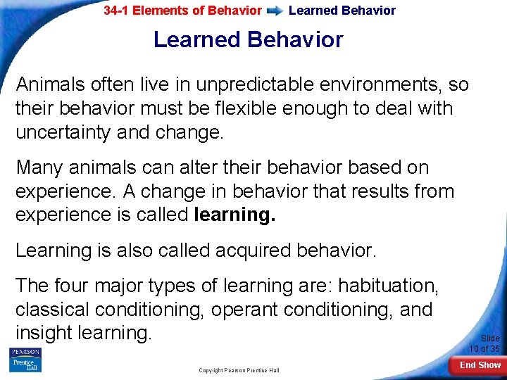 34 -1 Elements of Behavior Learned Behavior Animals often live in unpredictable environments, so