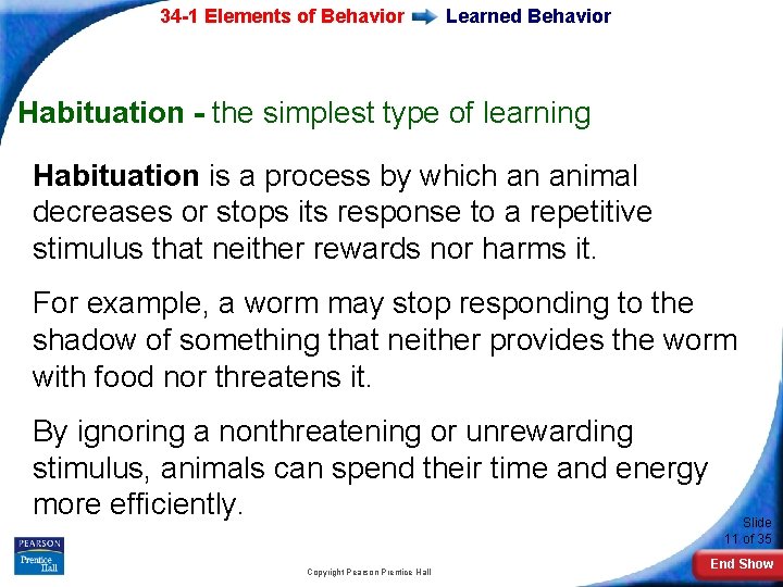 34 -1 Elements of Behavior Learned Behavior Habituation - the simplest type of learning