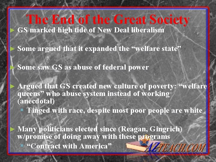 The End of the Great Society ► GS marked high tide of New Deal