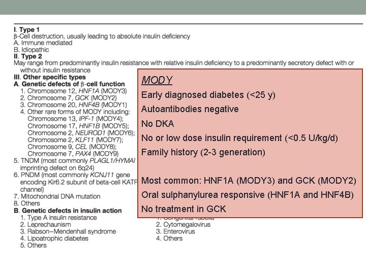 MODY Early diagnosed diabetes (<25 y) Autoantibodies negative No DKA No or low dose