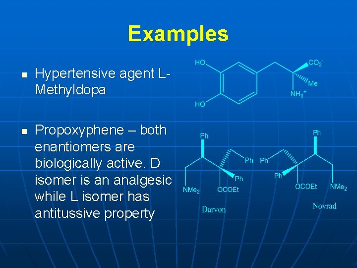 Examples n n Hypertensive agent LMethyldopa Propoxyphene – both enantiomers are biologically active. D