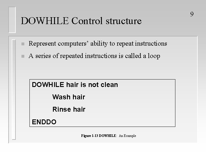 DOWHILE Control structure n Represent computers’ ability to repeat instructions n A series of DOWHILE Control structure n Represent computers’ ability to repeat instructions n A series of