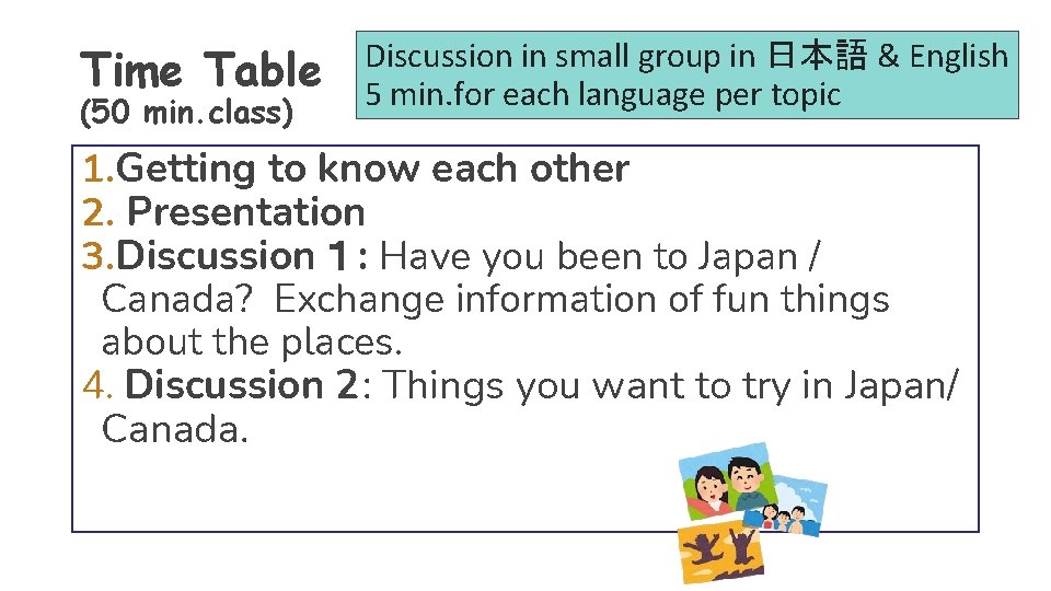 Time Table (50 min. class) Discussion in small group in 日本語 & English 5
