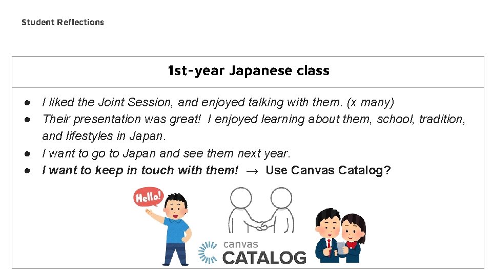 Student Reflections 1 st-year Japanese class ● I liked the Joint Session, and enjoyed