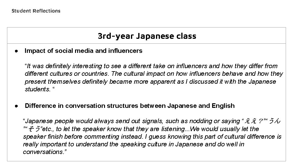 Student Reflections 3 rd-year Japanese class ● Impact of social media and influencers “It