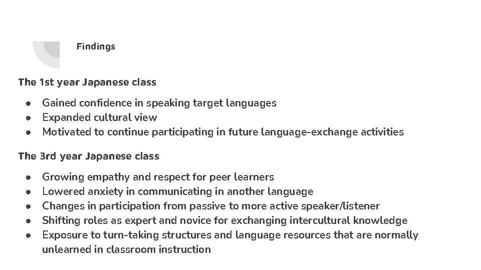 Findings The 1 st year Japanese class ● ● ● Gained confidence in speaking