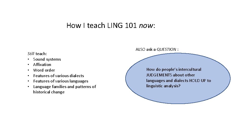 How I teach LING 101 now: Still teach: • Sound systems • Affixation •
