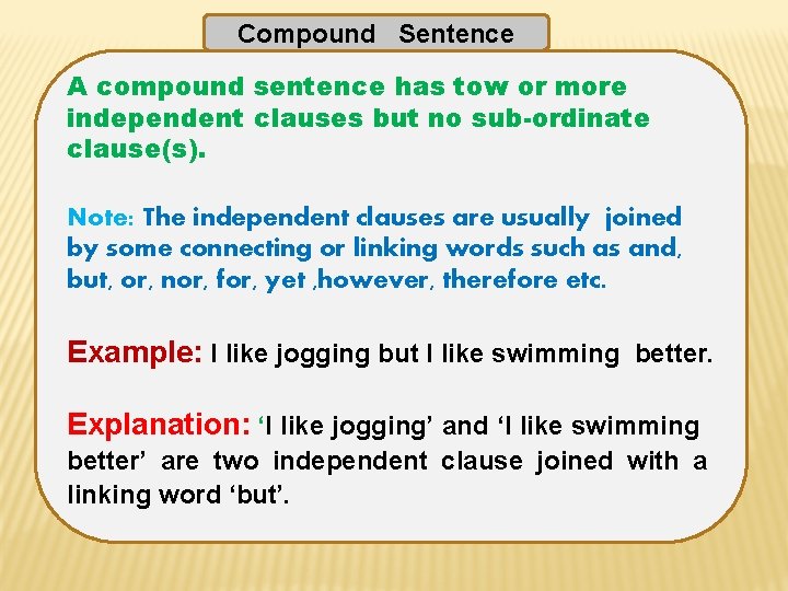 Compound Sentence A compound sentence has tow or more independent clauses but no sub-ordinate