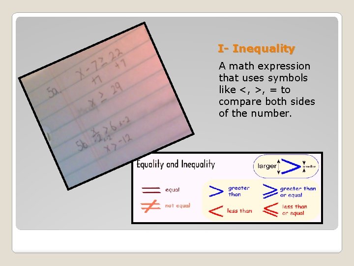 I- Inequality A math expression that uses symbols like <, >, = to compare