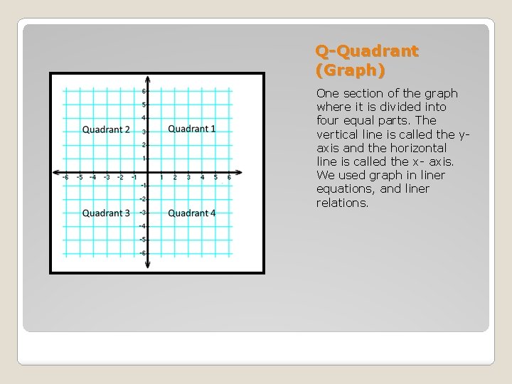 Q-Quadrant (Graph) One section of the graph where it is divided into four equal
