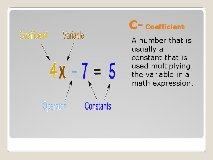 C- Coefficient A number that is usually a constant that is used multiplying the