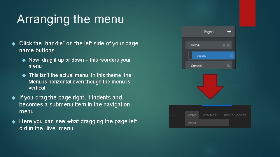 Arranging the menu Click the “handle” on the left side of your page name