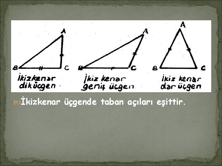  İkizkenar üçgende taban açıları eşittir. 