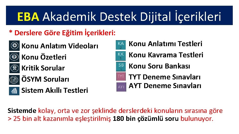 EBA Akademik Destek Dijital İçerikleri * Derslere Göre Eğitim İçerikleri: Konu Anlatım Videoları Konu