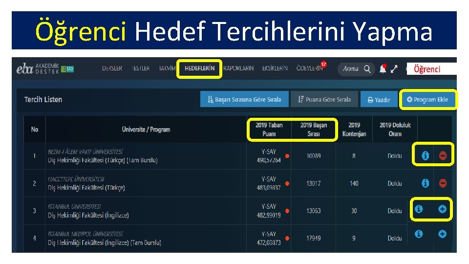 Öğrenci Hedef Tercihlerini Yapma 