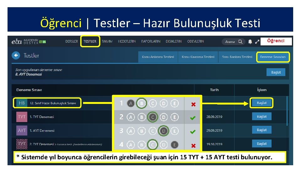 Öğrenci | Testler – Hazır Bulunuşluk Testi * Sistemde yıl boyunca öğrencilerin girebileceği şuan