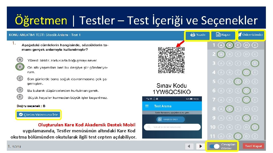 Öğretmen | Testler – Test İçeriği ve Seçenekler Oluşturulan Kare Kod Akademik Destek Mobil