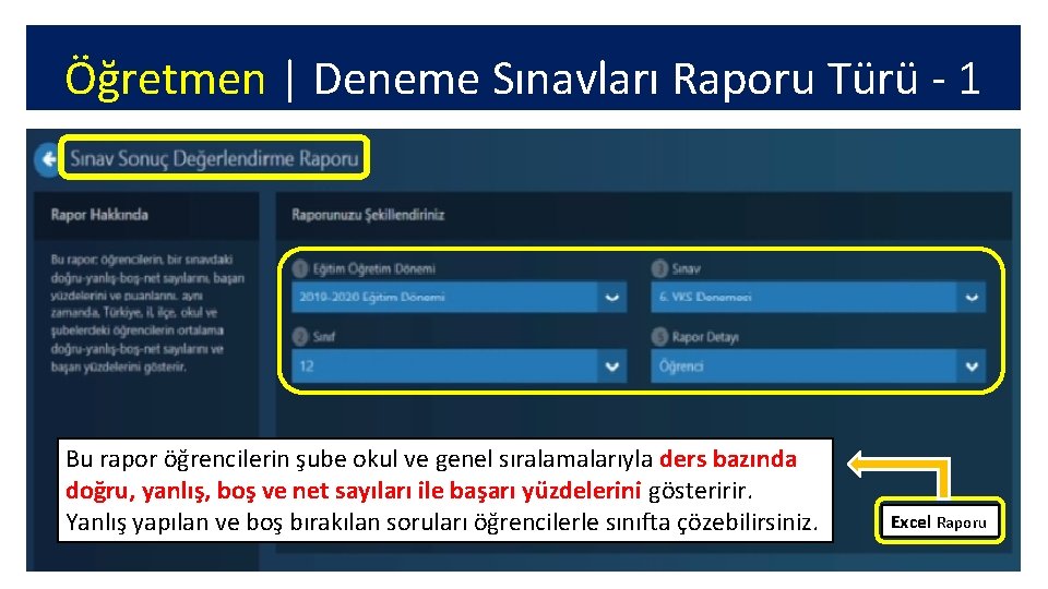 Öğretmen | Deneme Sınavları Raporu Türü - 1 Bu rapor öğrencilerin şube okul ve