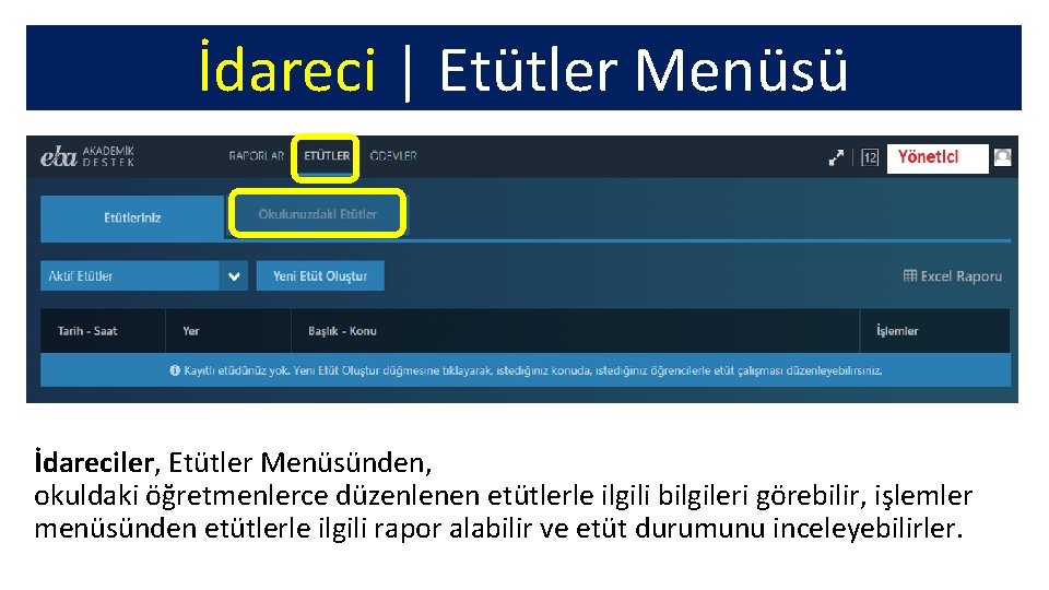 İdareci | Etütler Menüsü İdareciler, Etütler Menüsünden, okuldaki öğretmenlerce düzenlenen etütlerle ilgili bilgileri görebilir,