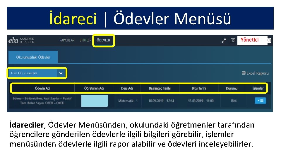 İdareci | Ödevler Menüsü İdareciler, Ödevler Menüsünden, okulundaki öğretmenler tarafından öğrencilere gönderilen ödevlerle ilgili