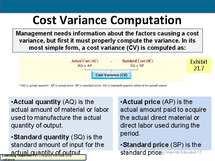 Cost Variance Computation Management needs information about the factors causing a cost variance, but