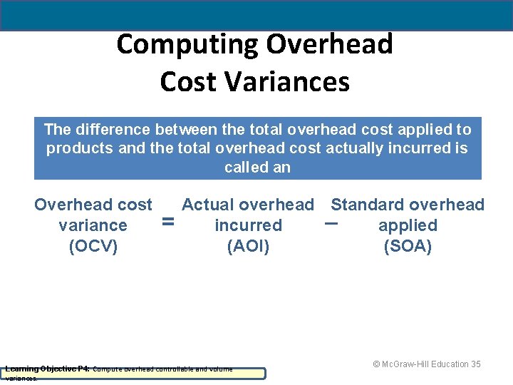 Computing Overhead Cost Variances The difference between the total overhead cost applied to products