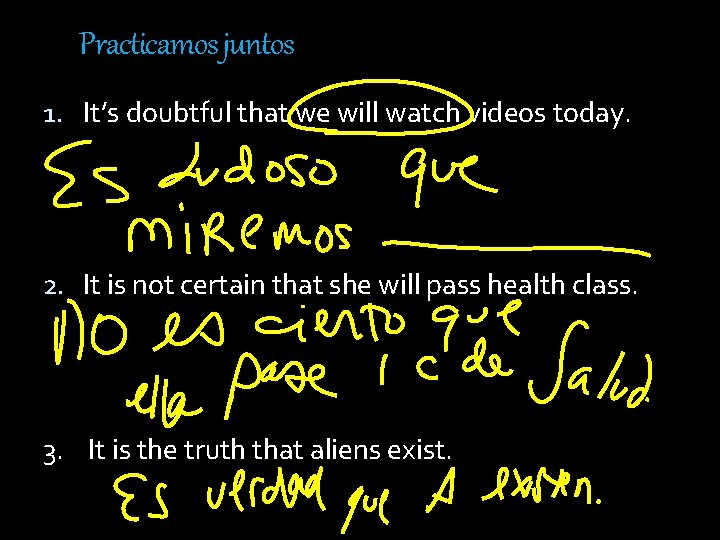 Practicamos juntos 1. It’s doubtful that we will watch videos today. 2. It is