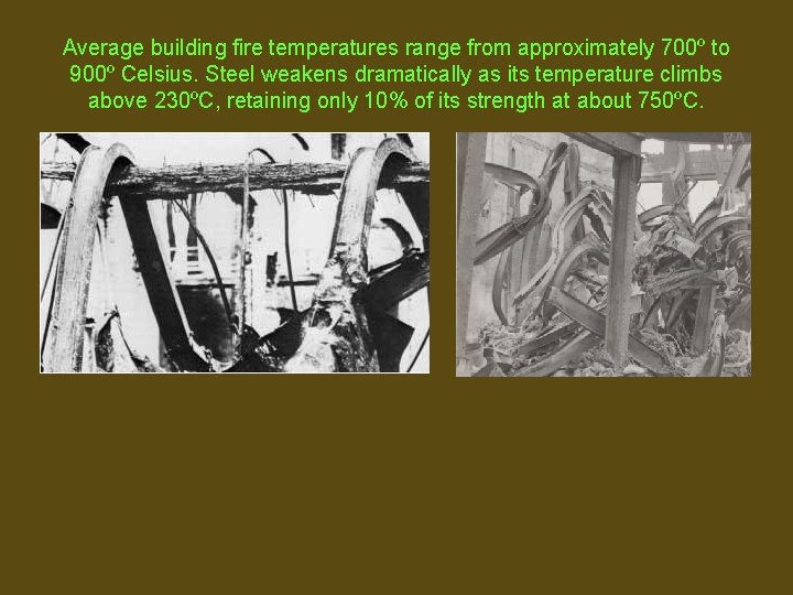 Average building fire temperatures range from approximately 700º to 900º Celsius. Steel weakens dramatically