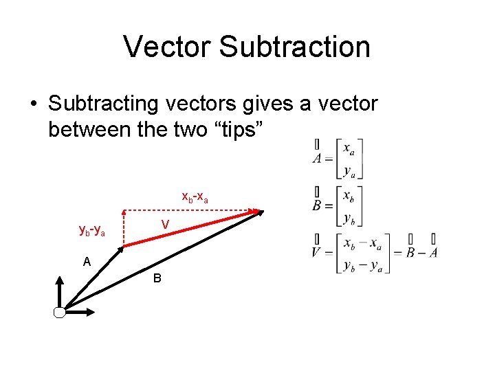 Vector Subtraction • Subtracting vectors gives a vector between the two “tips” xb-xa V