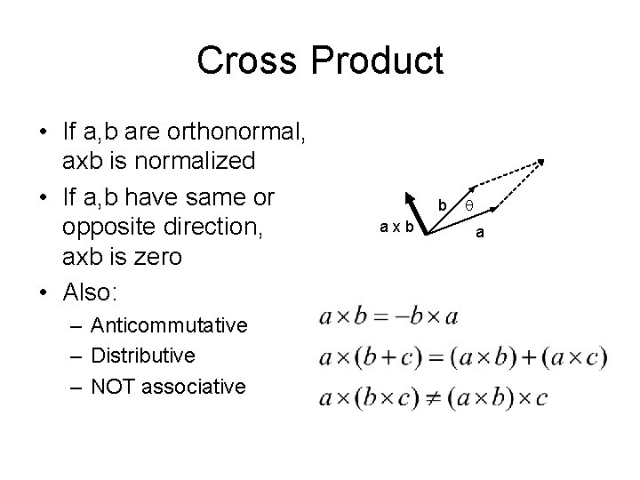 Cross Product • If a, b are orthonormal, axb is normalized • If a,