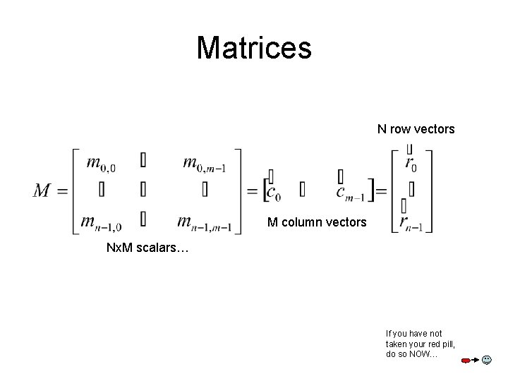 Matrices N row vectors M column vectors Nx. M scalars… If you have not