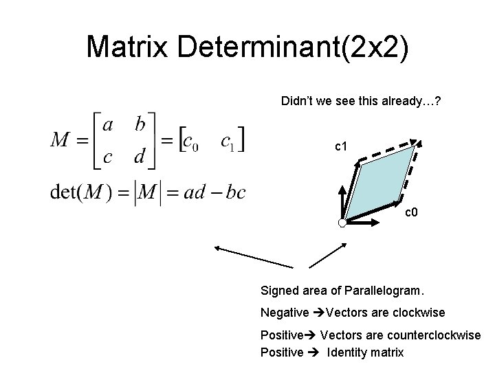 Matrix Determinant(2 x 2) Didn’t we see this already…? c 1 c 0 Signed