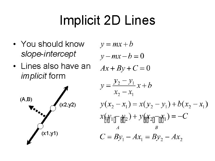 Implicit 2 D Lines • You should know slope-intercept • Lines also have an