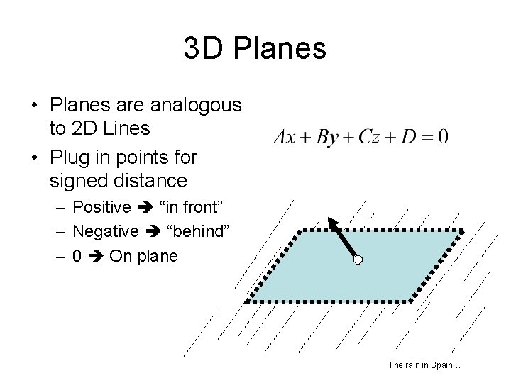 3 D Planes • Planes are analogous to 2 D Lines • Plug in
