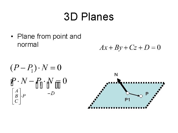 3 D Planes • Plane from point and normal N P P 1 