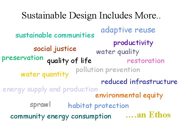 Sustainable Design Includes More. . sustainable communities adaptive reuse productivity social justice water quality