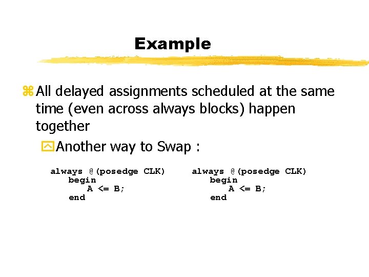 Example z All delayed assignments scheduled at the same time (even across always blocks)